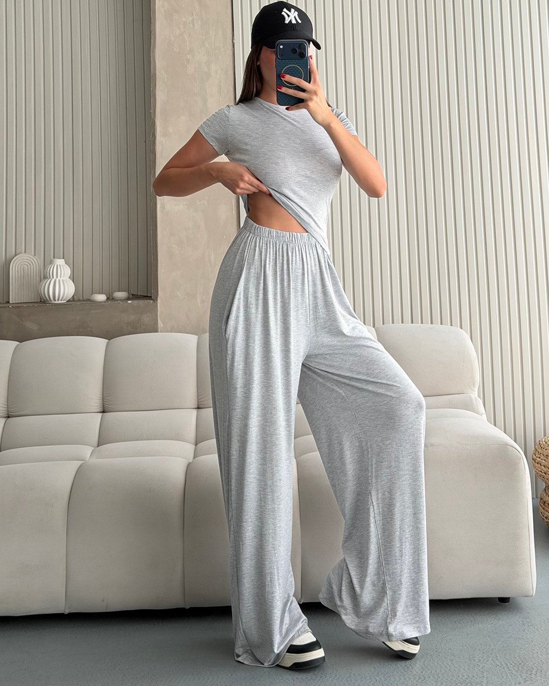 Gri Kimono Pantolon Bluz Üçlü Takım
