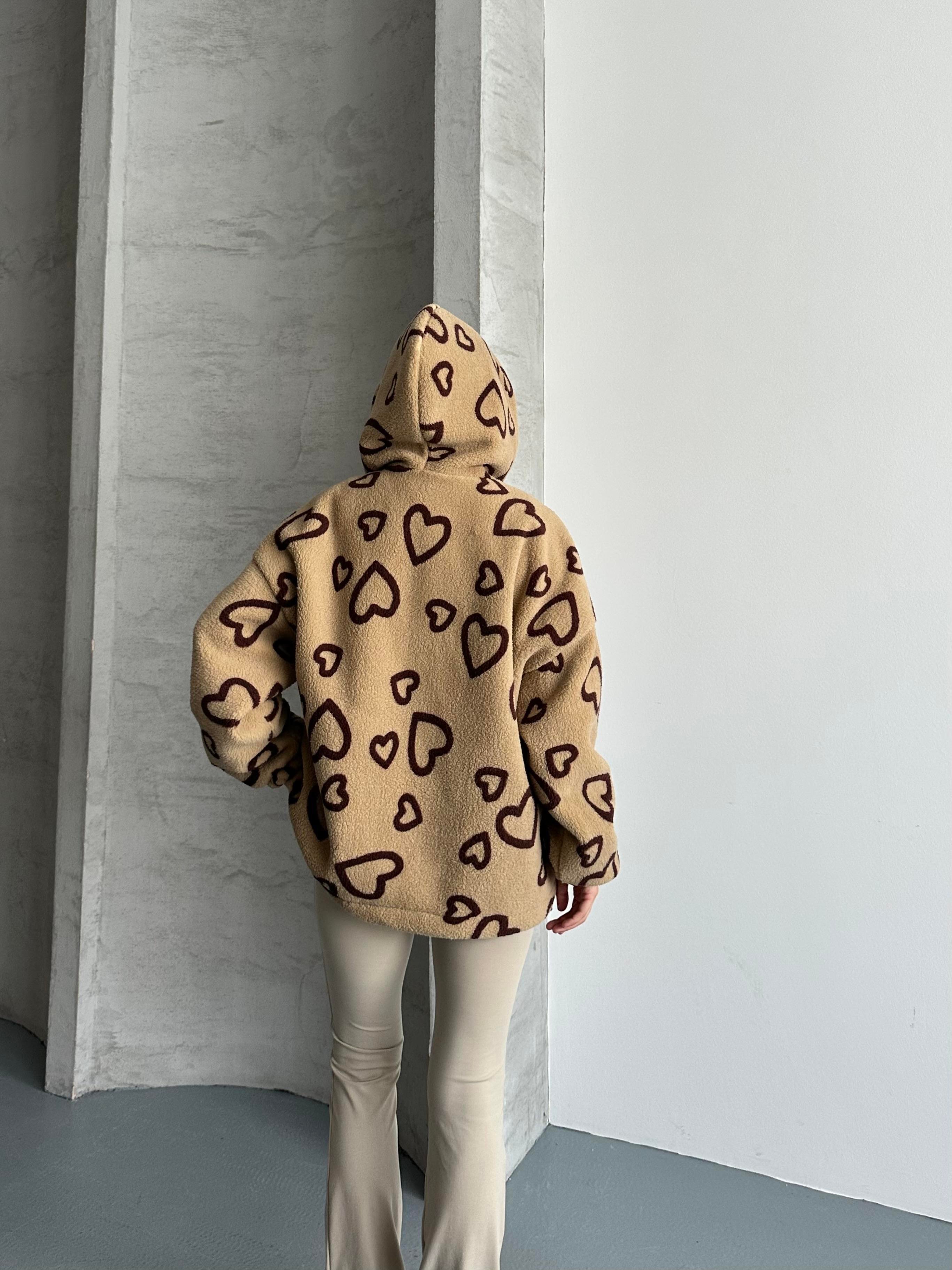 Heart Oversize Kapüşonlu Kahverengi Peluş Mont