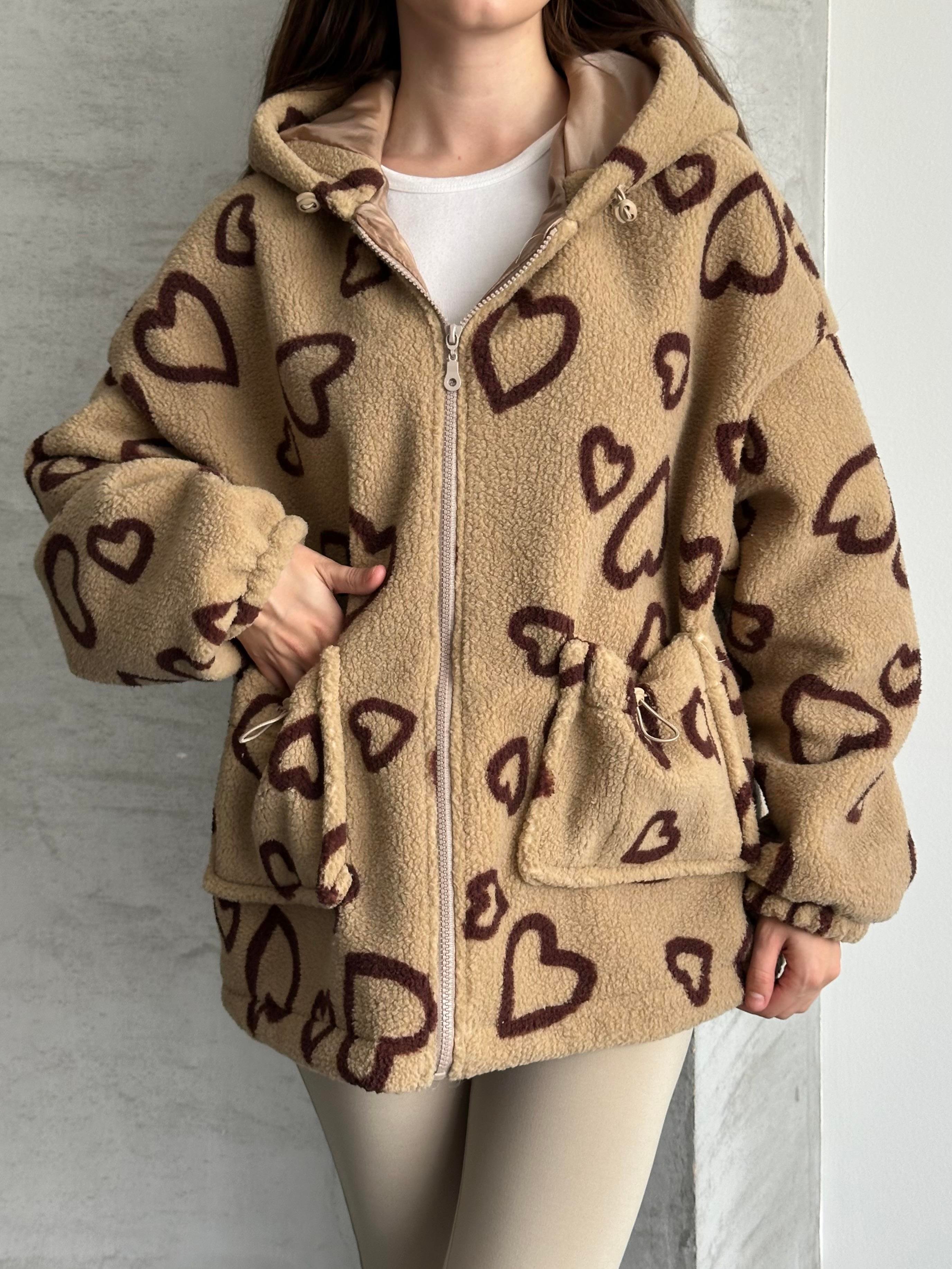 Heart Oversize Kapüşonlu Kahverengi Peluş Mont