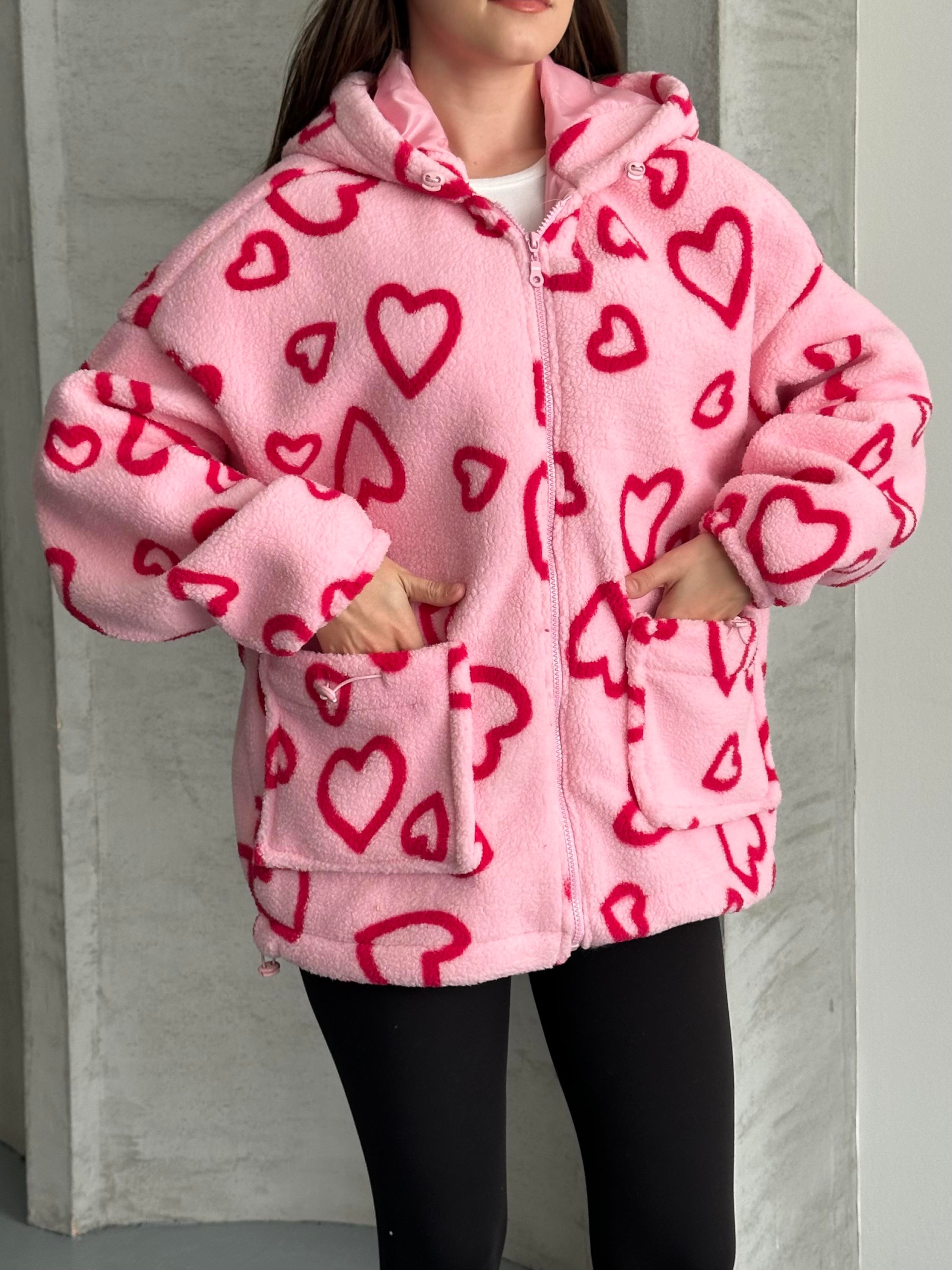 Heart Oversize Kapüşonlu Pembe Peluş Mont