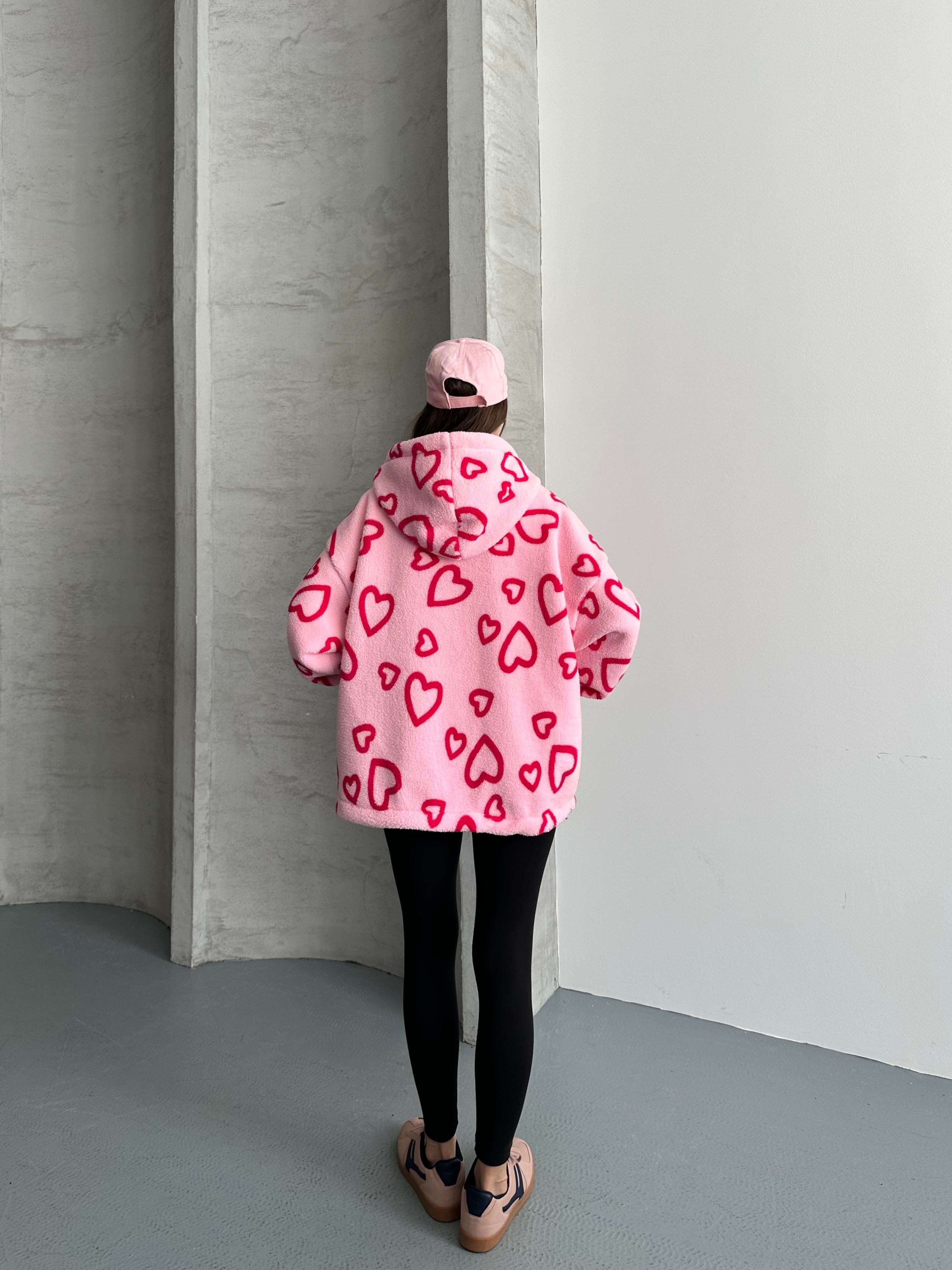 Heart Oversize Kapüşonlu Pembe Peluş Mont