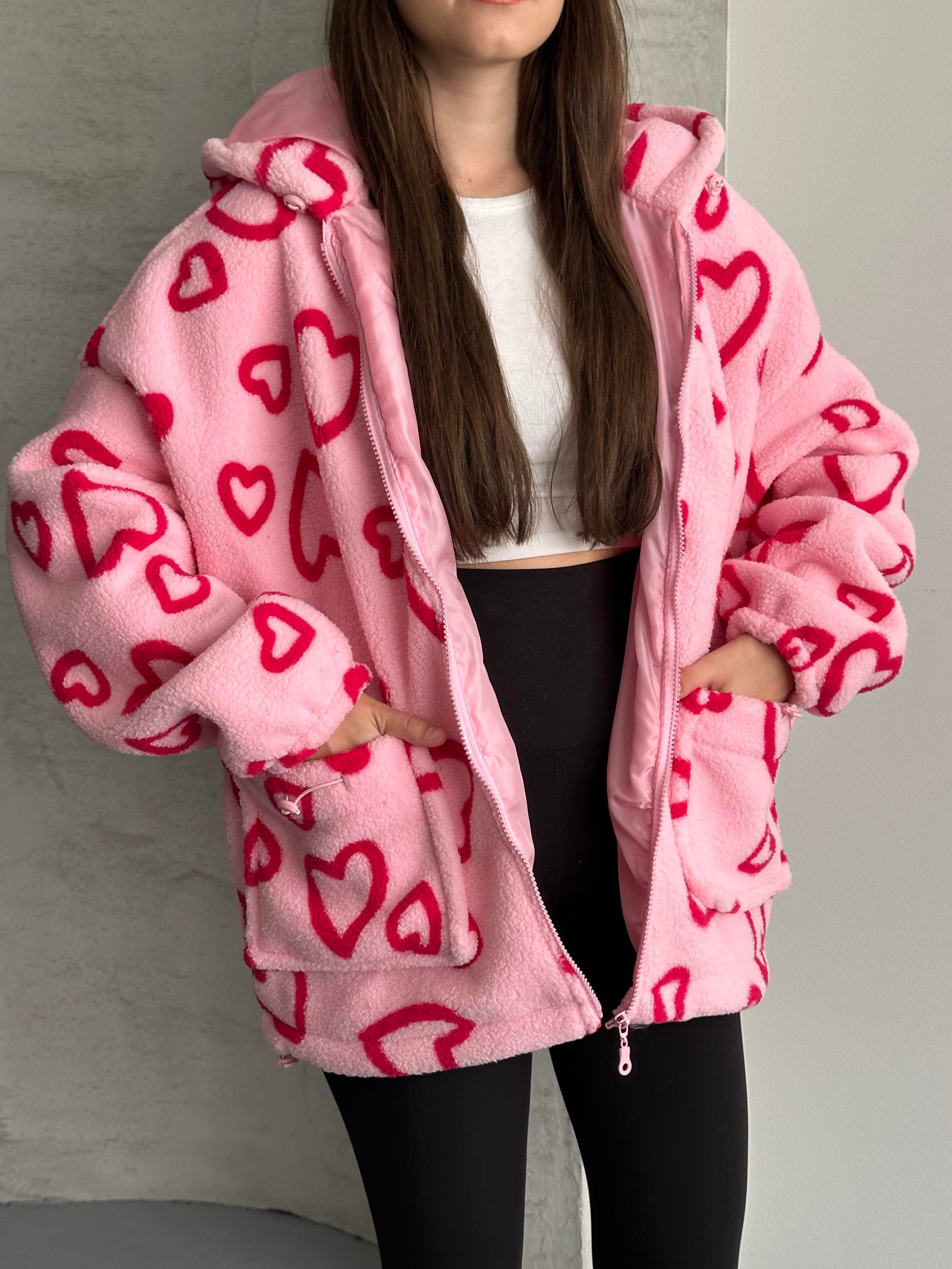 Heart Oversize Kapüşonlu Pembe Peluş Mont