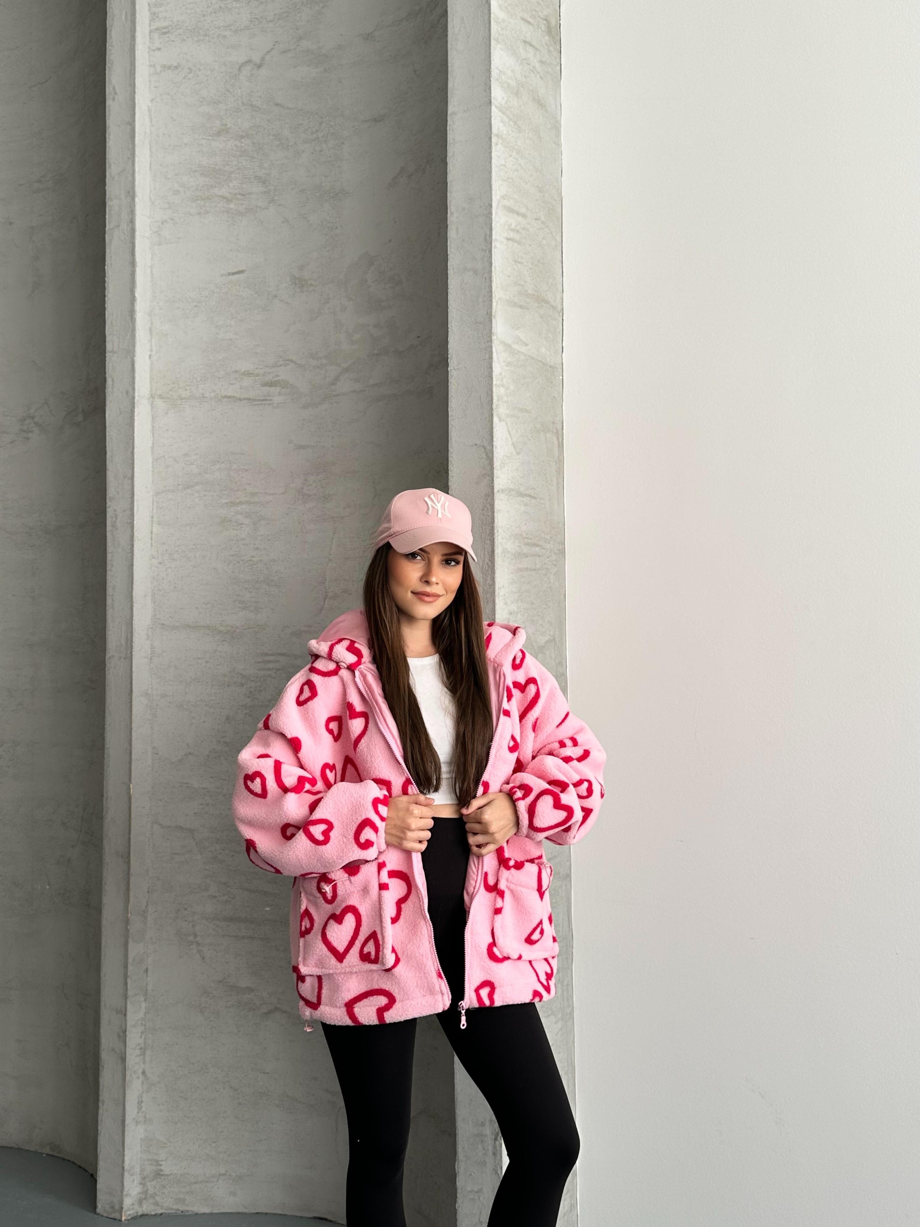 Heart Oversize Kapüşonlu Pembe Peluş Mont