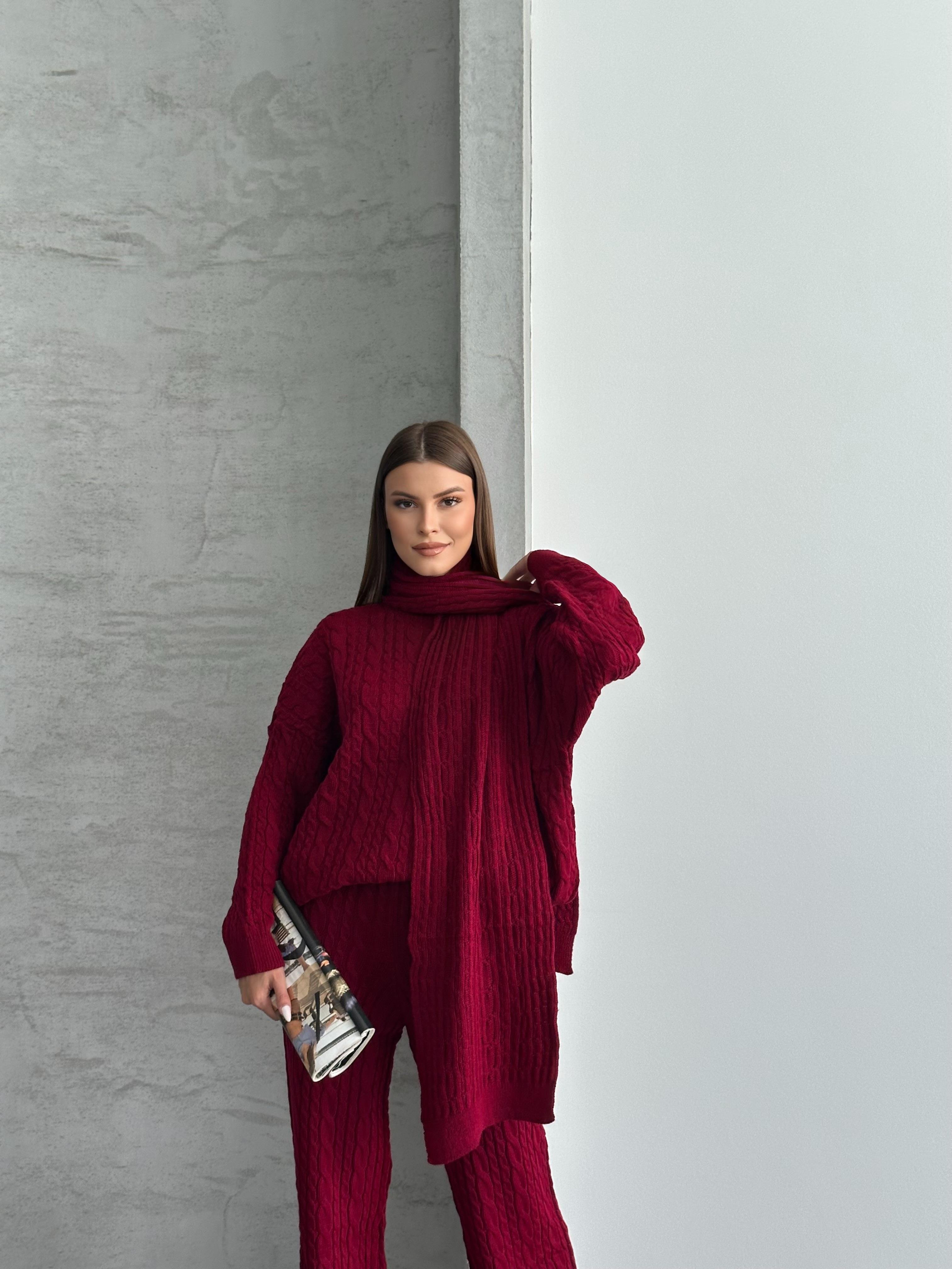 Kablo Örgü Bordo Triko Takım (Üçlü Set: Kazak, Pantolon, Atkı)