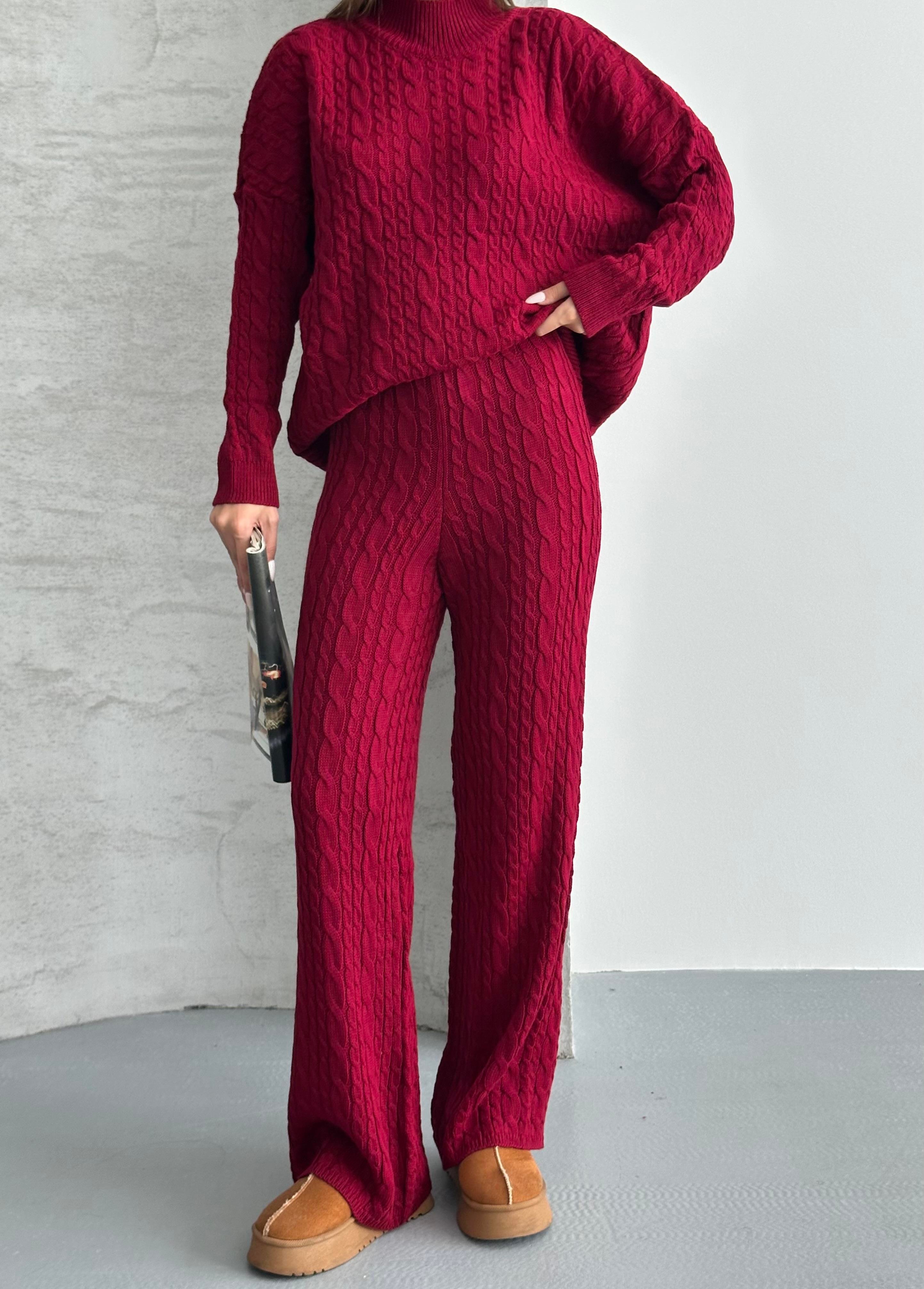 Kablo Örgü Bordo Triko Takım (Üçlü Set: Kazak, Pantolon, Atkı)