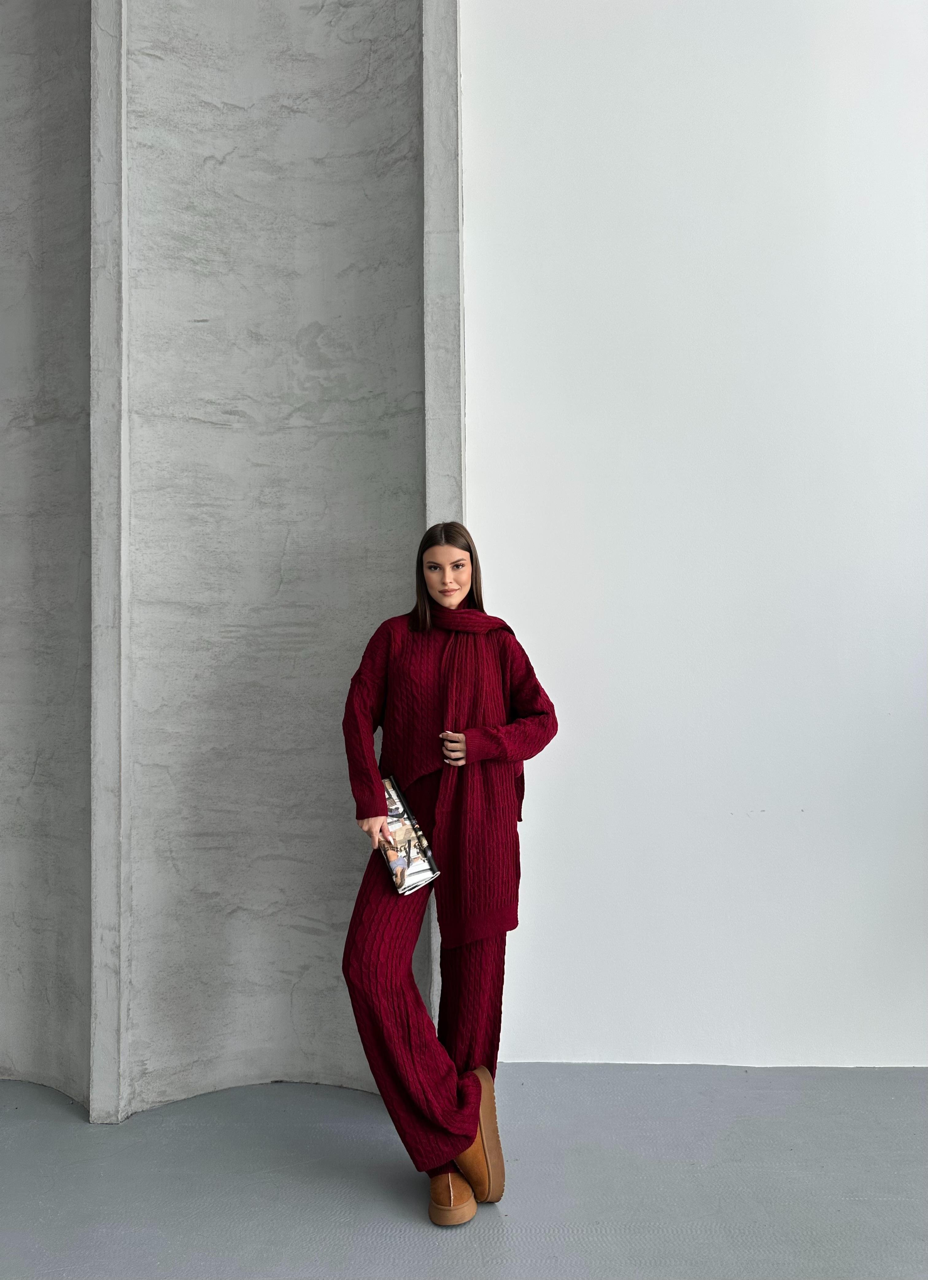 Kablo Örgü Bordo Triko Takım (Üçlü Set: Kazak, Pantolon, Atkı)