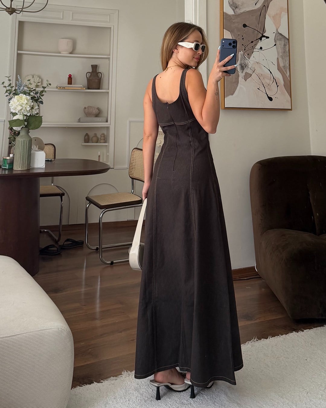 Kahverengi Denim Midi Elbise