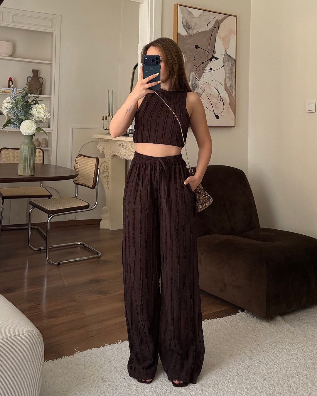 Kahverengi Fitilli Crop Bluz Palazzo Pantolon Takım