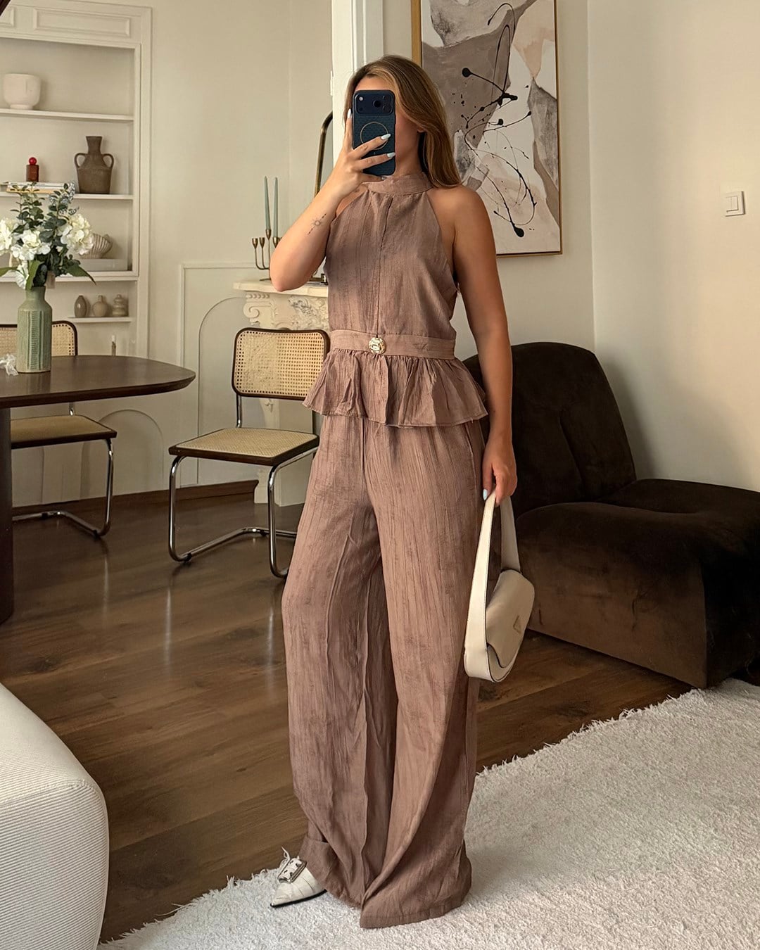 Kahverengi Halter Yaka Peplum Takım