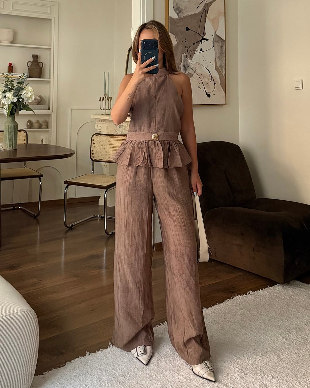 Kahverengi Halter Yaka Peplum Takım