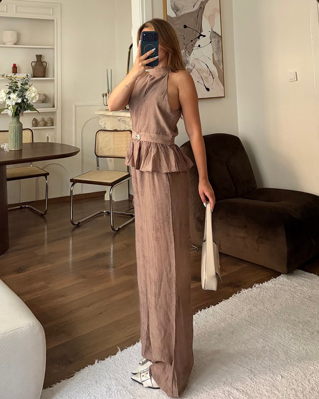 Kahverengi Halter Yaka Peplum Takım