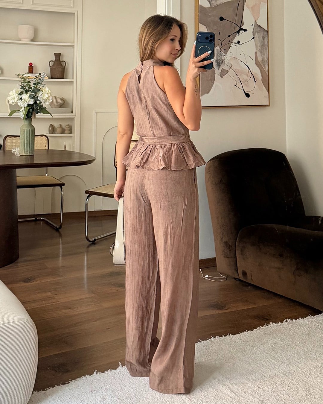 Kahverengi Halter Yaka Peplum Takım
