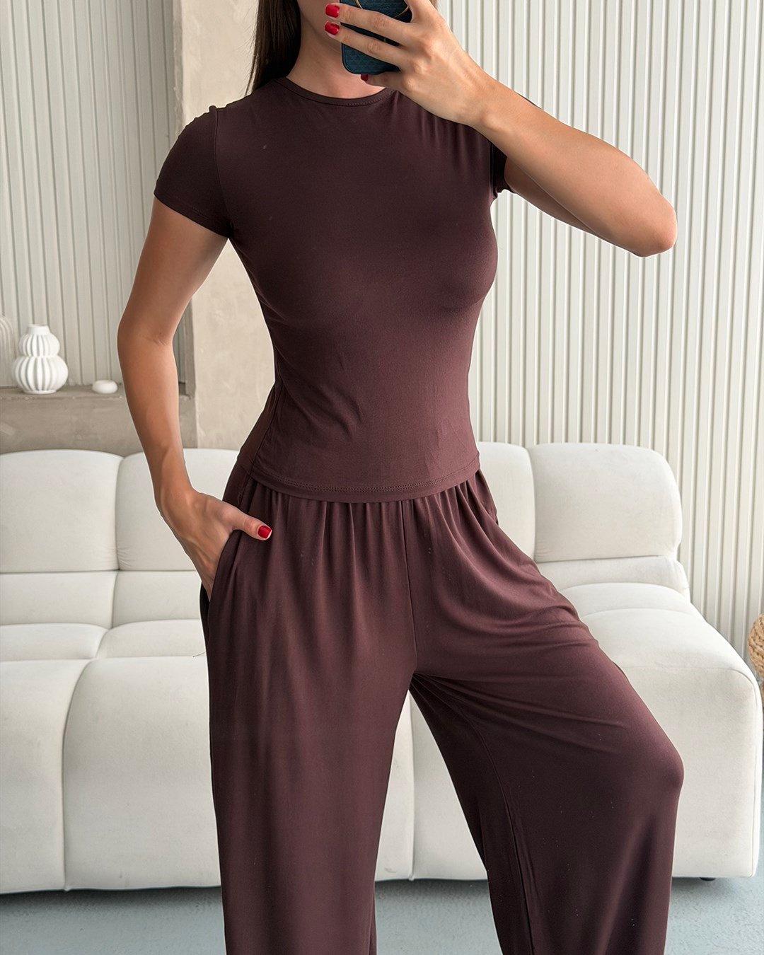Kahverengi Kimono Pantolon Bluz Üçlü Takım