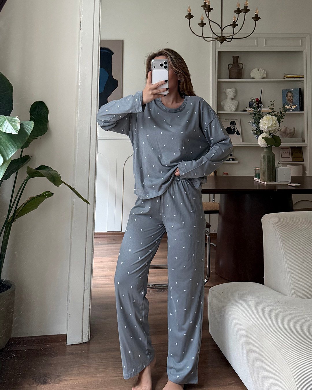Kalp Desenli İkili Gri Pijama Takımı