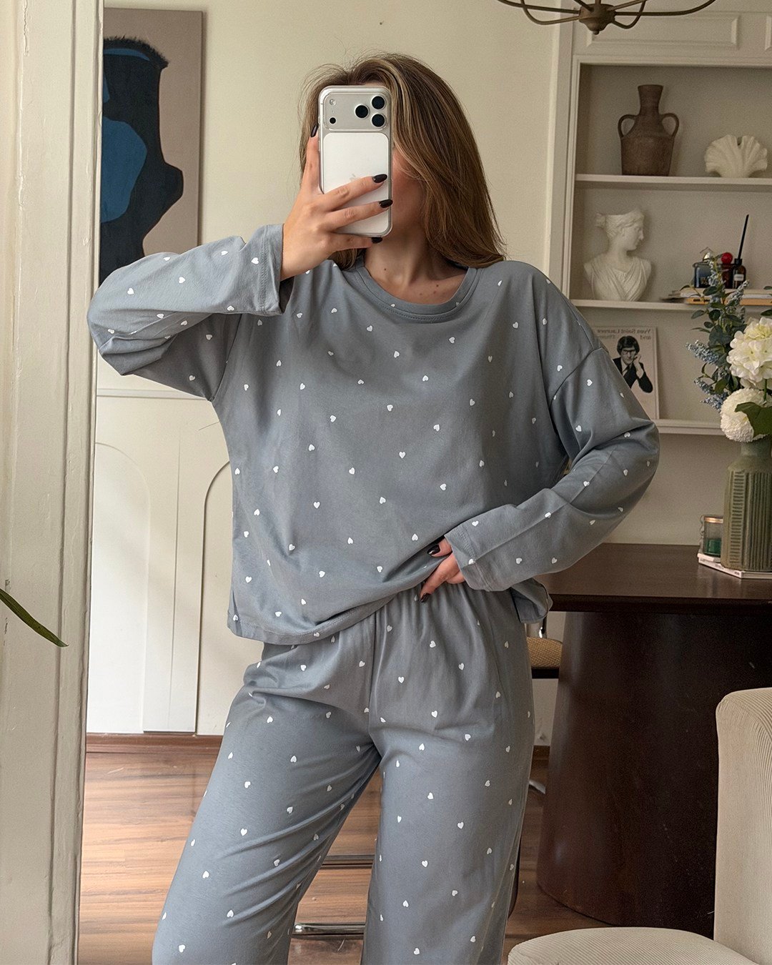 Kalp Desenli İkili Gri Pijama Takımı