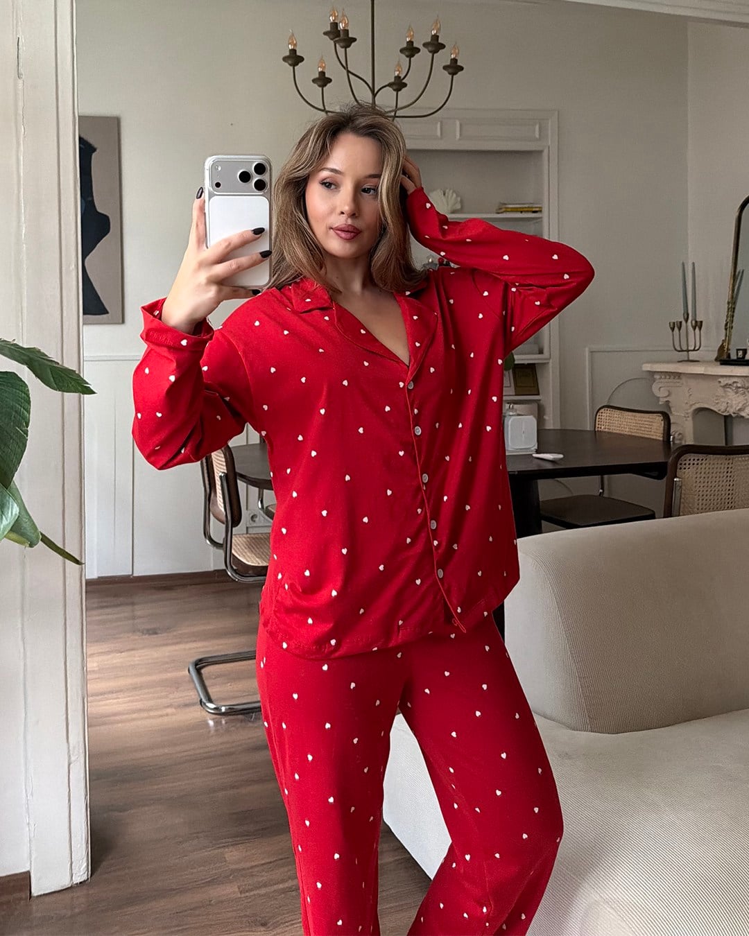 Kalp Desenli İkili Kırmızı Pijama Takımı