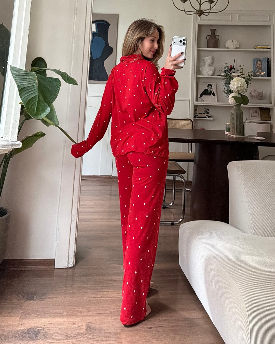 Kalp Desenli İkili Kırmızı Pijama Takımı