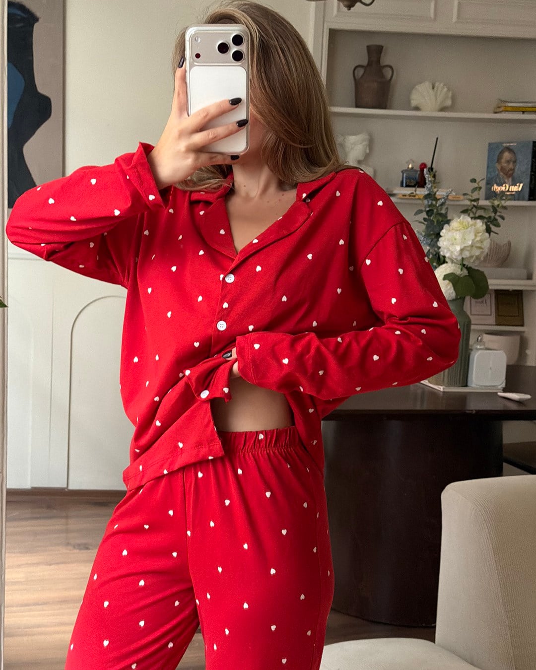 Kalp Desenli İkili Kırmızı Pijama Takımı