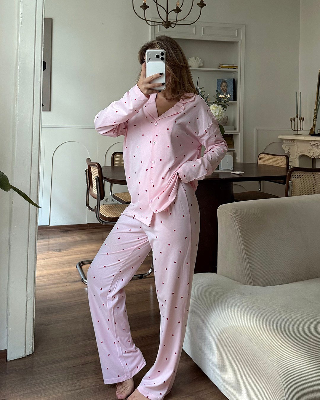 Kalp Desenli İkili Pembe Pijama Takımı