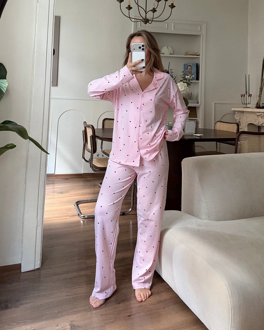 Kalp Desenli İkili Pembe Pijama Takımı