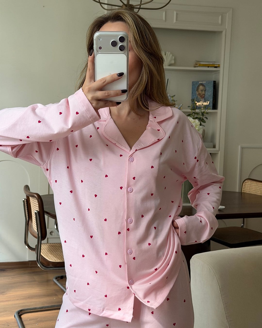 Kalp Desenli İkili Pembe Pijama Takımı