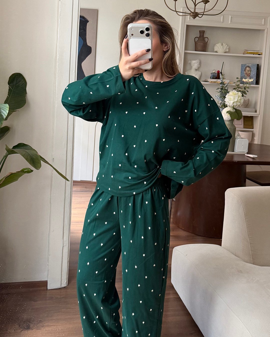 Kalp Desenli İkili Yeşil Pijama Takımı