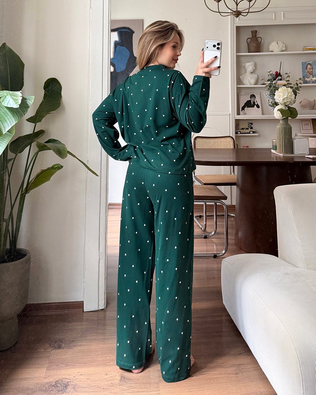 Kalp Desenli İkili Yeşil Pijama Takımı