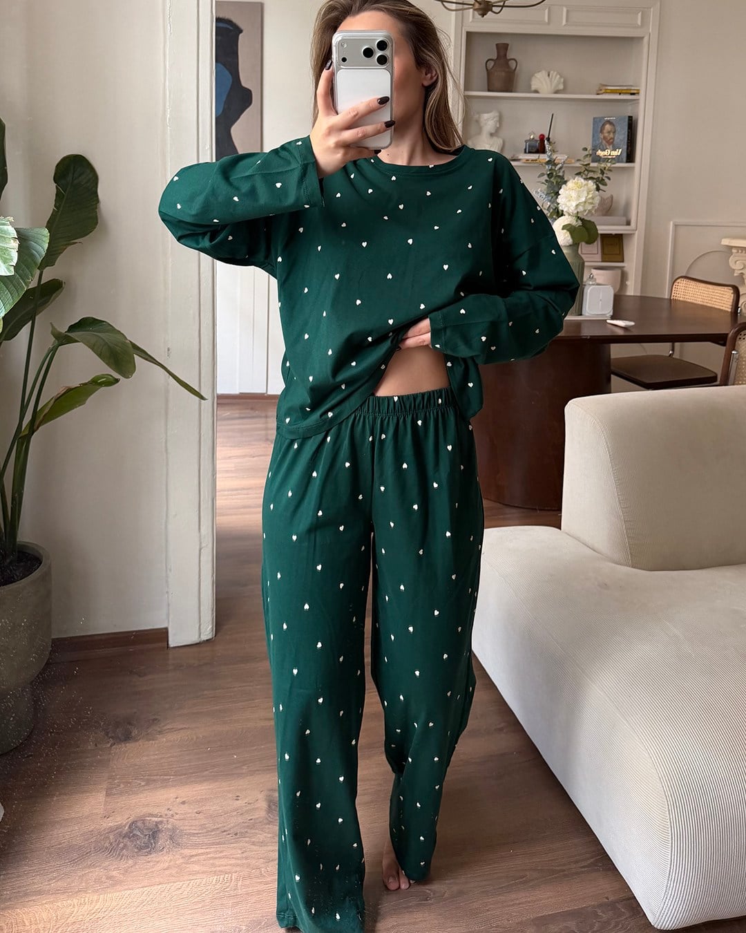 Kalp Desenli İkili Yeşil Pijama Takımı
