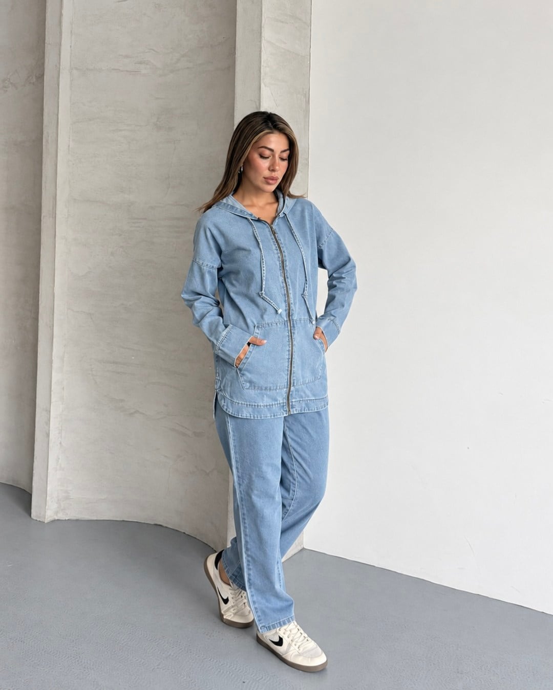 Kapüşonlu Denim Ceket Pantolon İkili Takım
