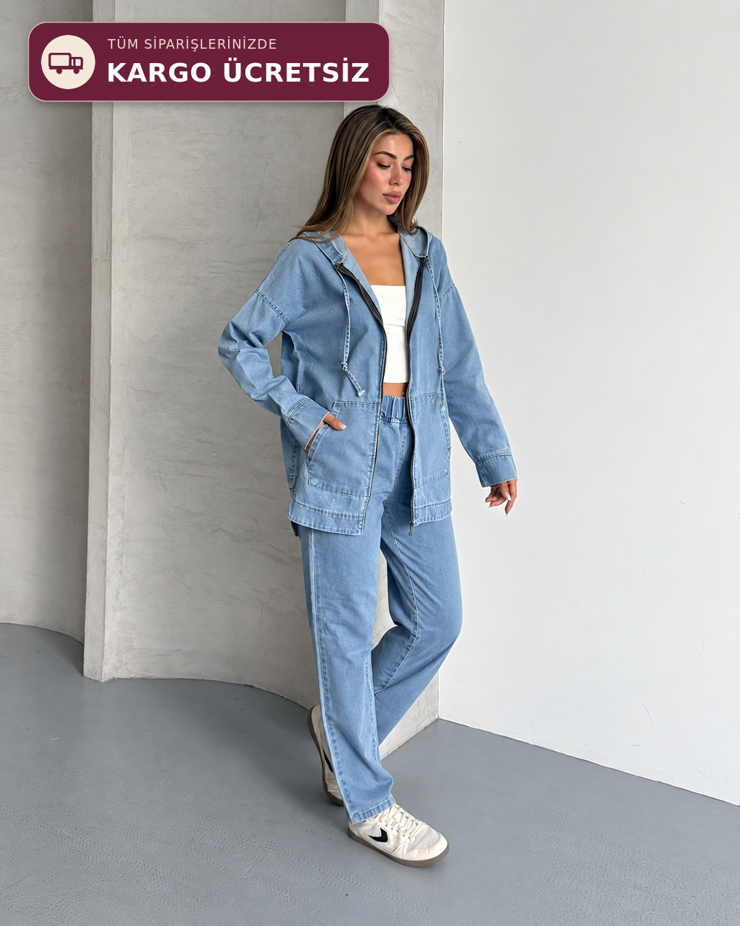 Kapüşonlu Denim Ceket Pantolon İkili Takım