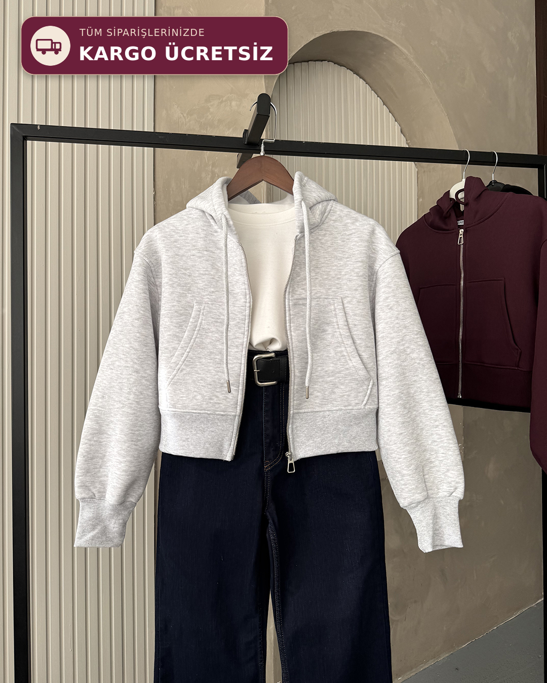Kapüşonlu Fermuarlı Crop Melanj Sweatshirt