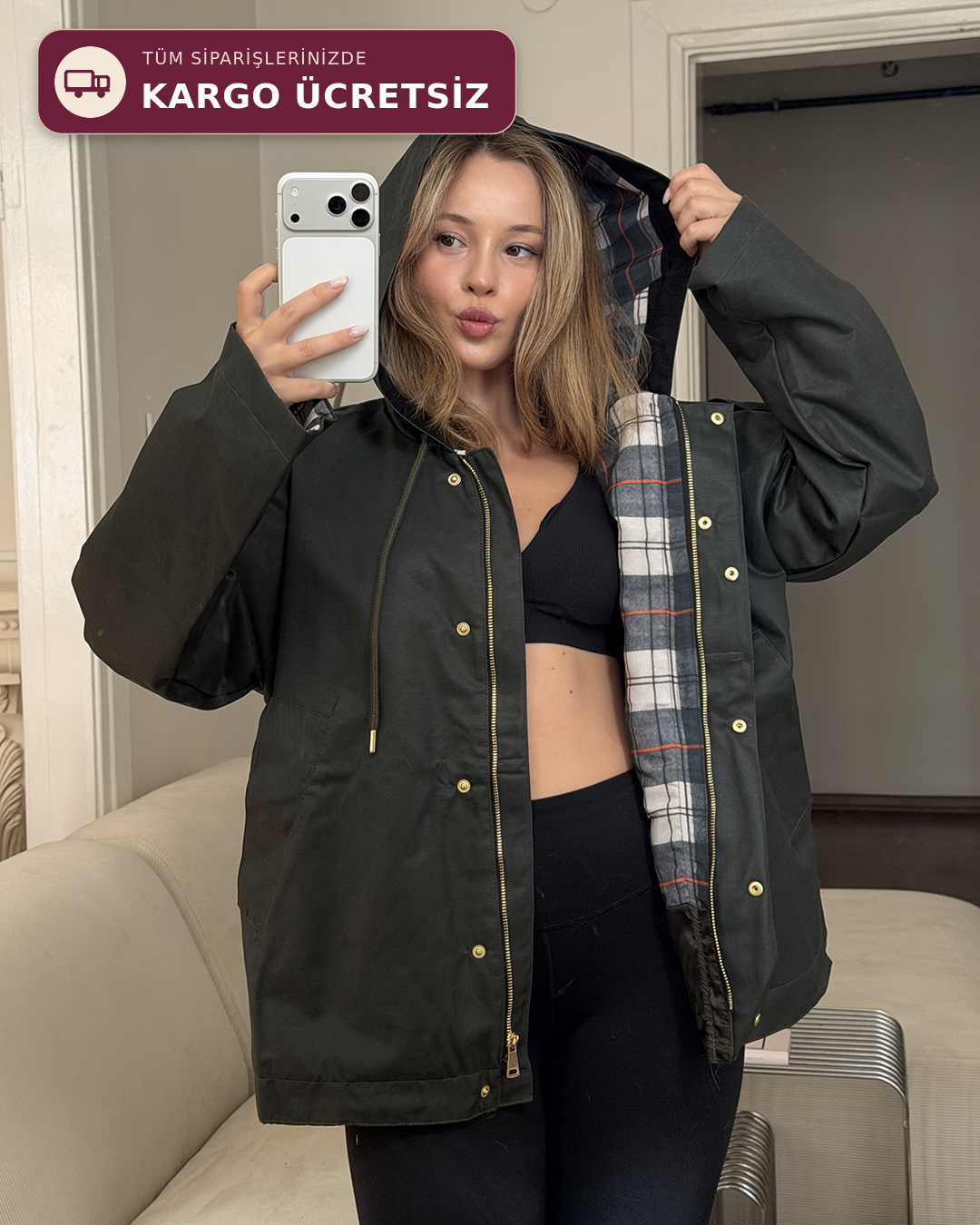 Kapüşonlu Oversize Haki Parka