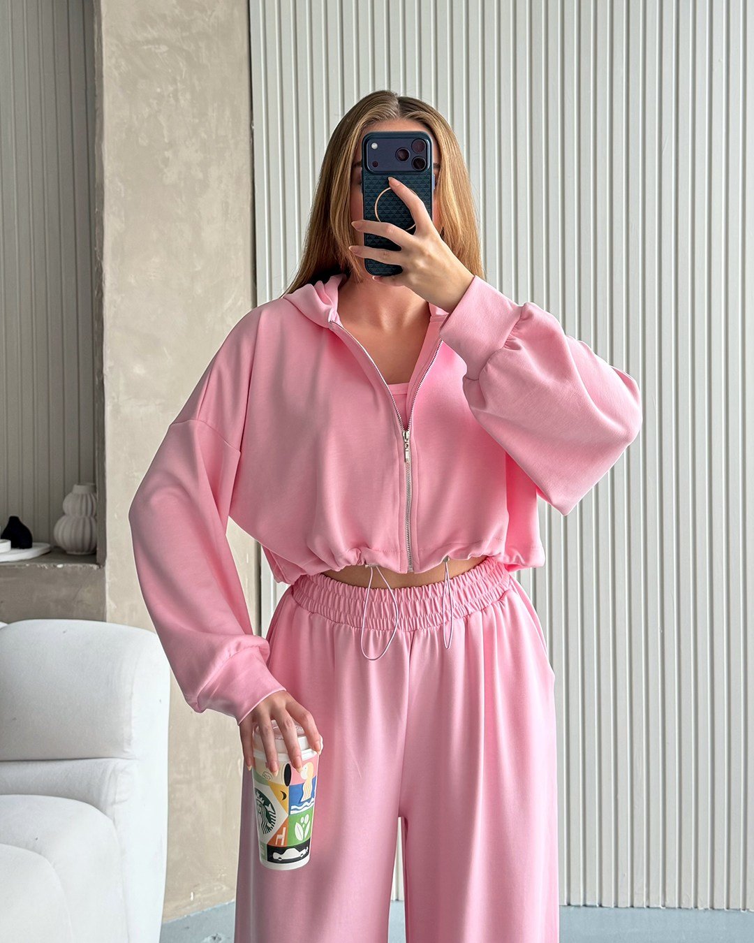 Kapüşonlu Üçlü Pembe Eşofman Takımı