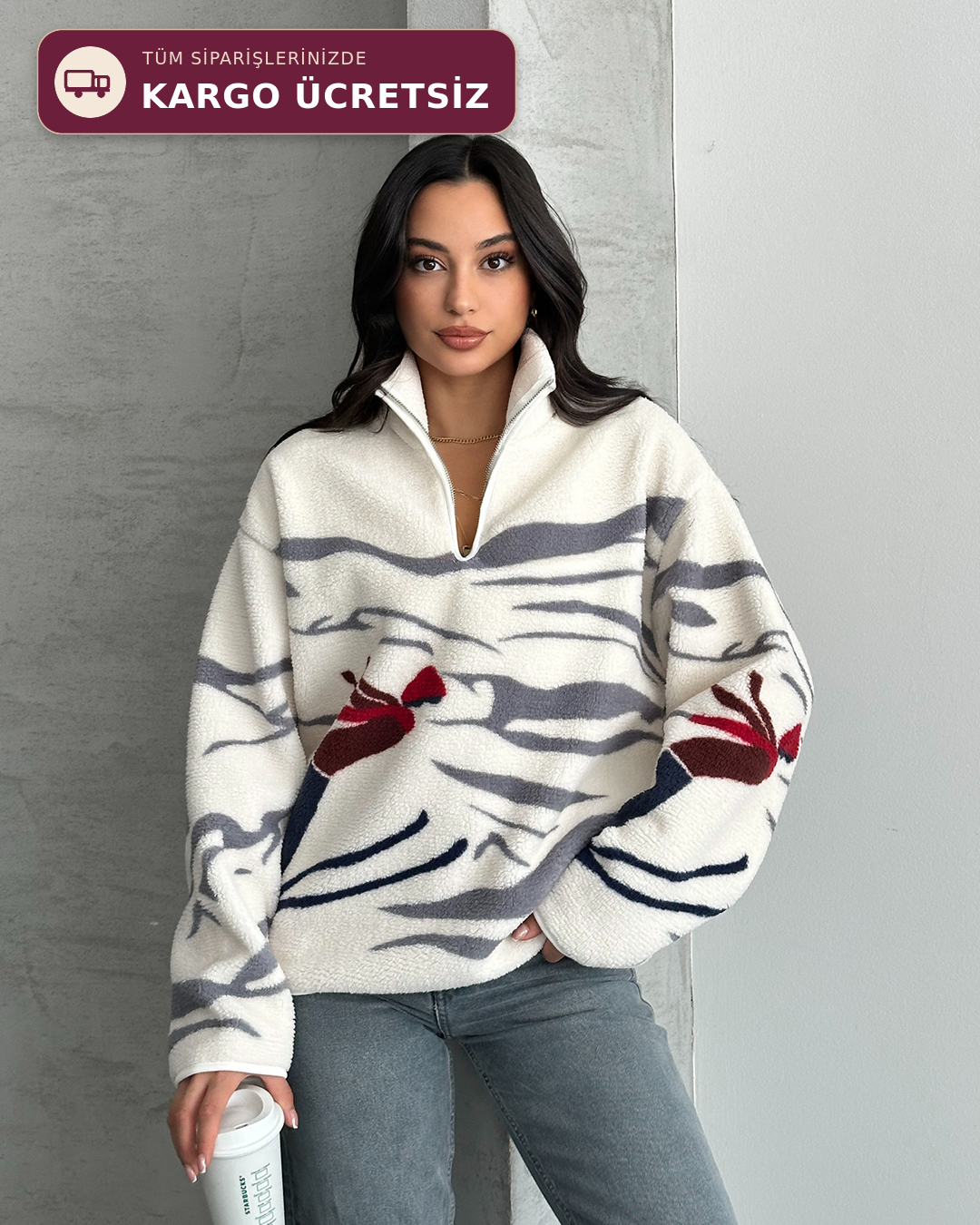 Kayak Desenli Yarım Fermuarlı Polar Sweatshirt