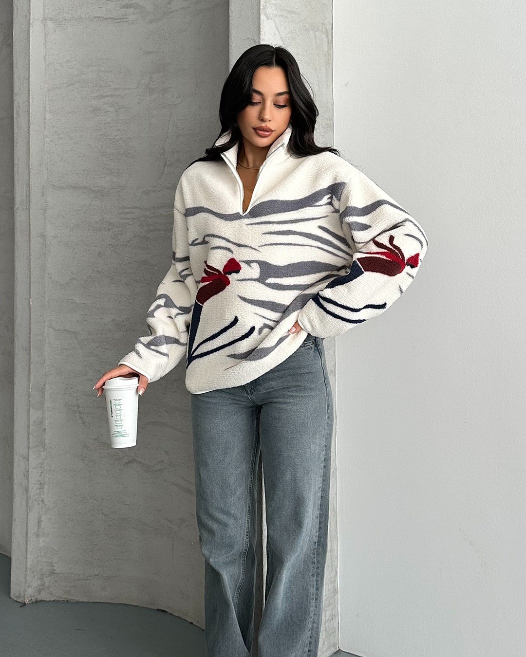 Kayak Desenli Yarım Fermuarlı Polar Sweatshirt