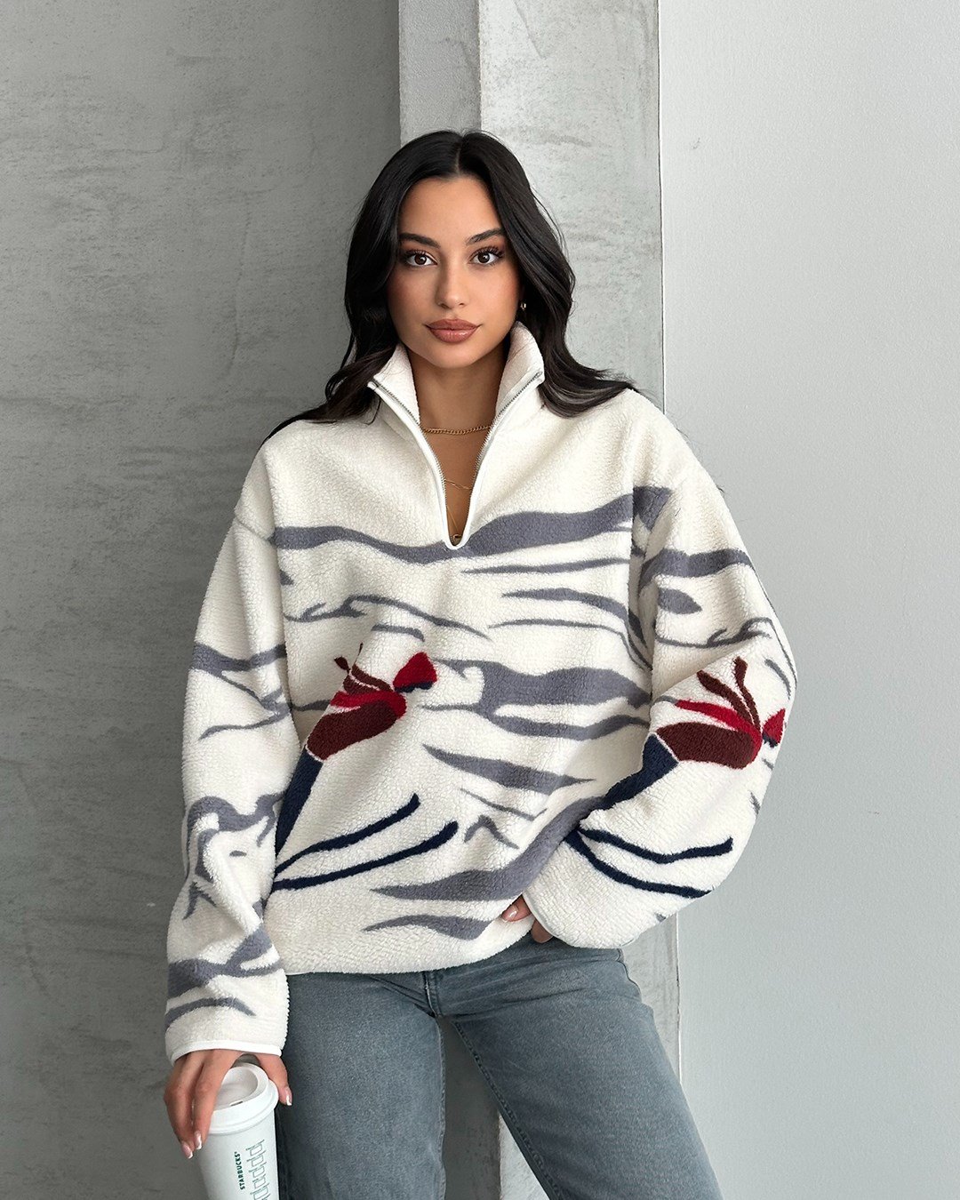 Kayak Desenli Yarım Fermuarlı Polar Sweatshirt