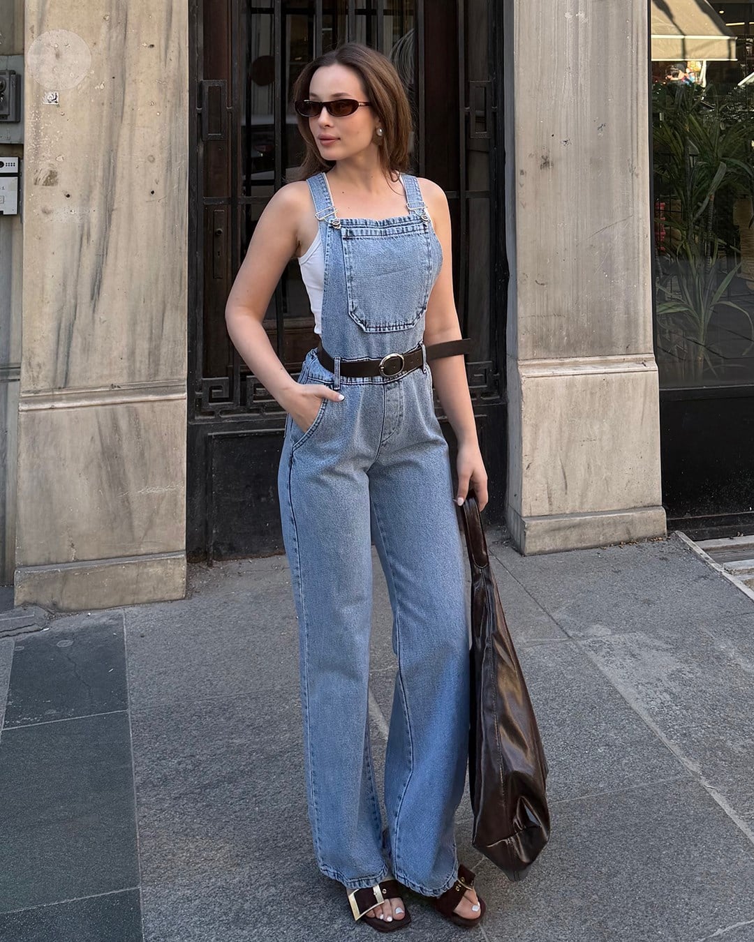 Kemerli Açık Mavi Denim Salopet Tulum