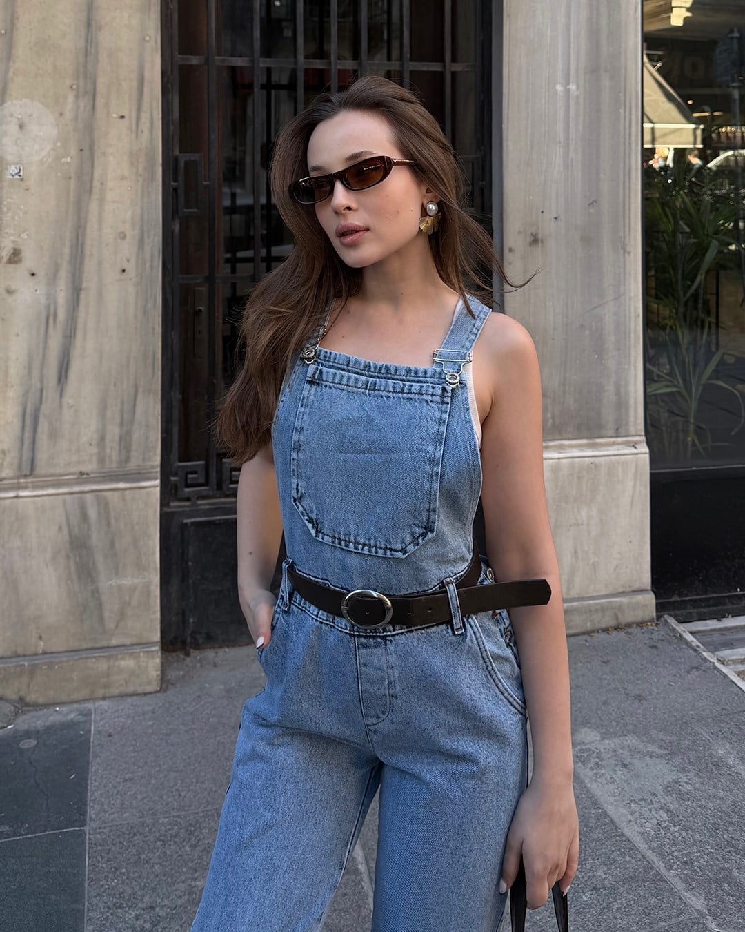Kemerli Açık Mavi Denim Salopet Tulum