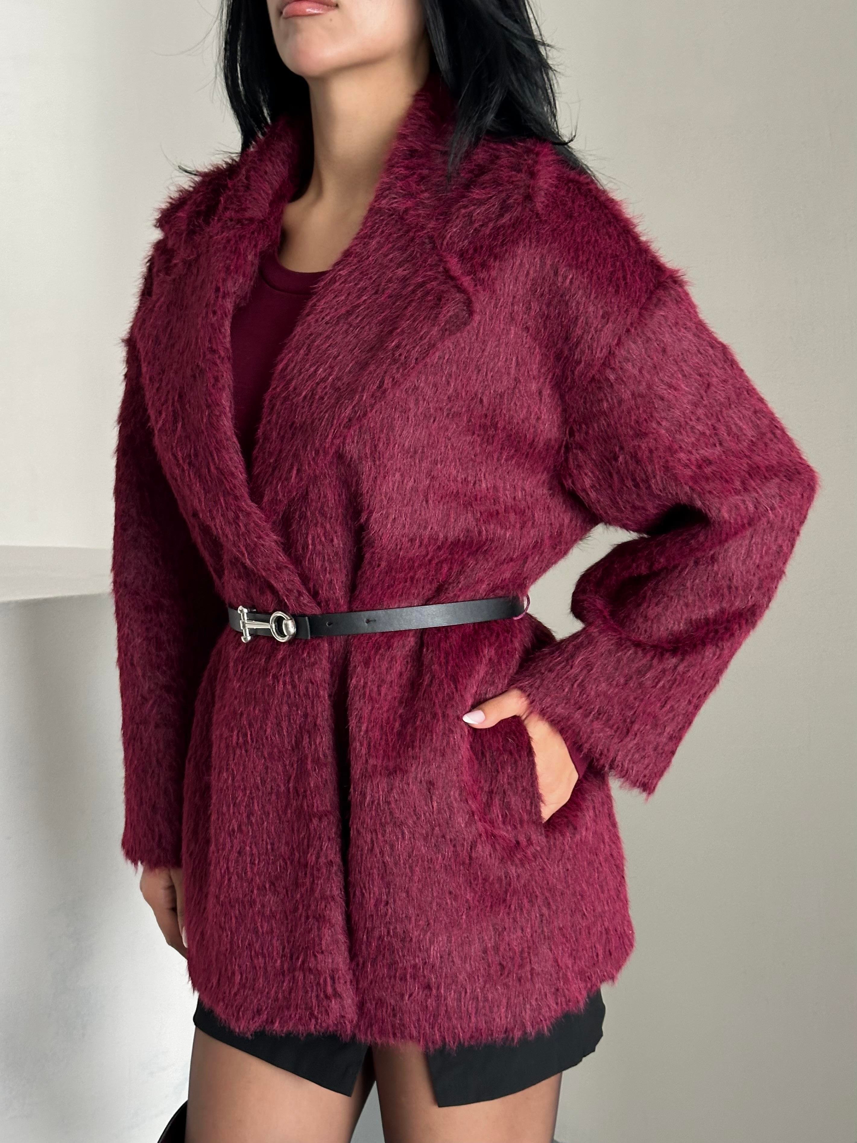 Kemerli Bordo Tüylü Peluş Kaban