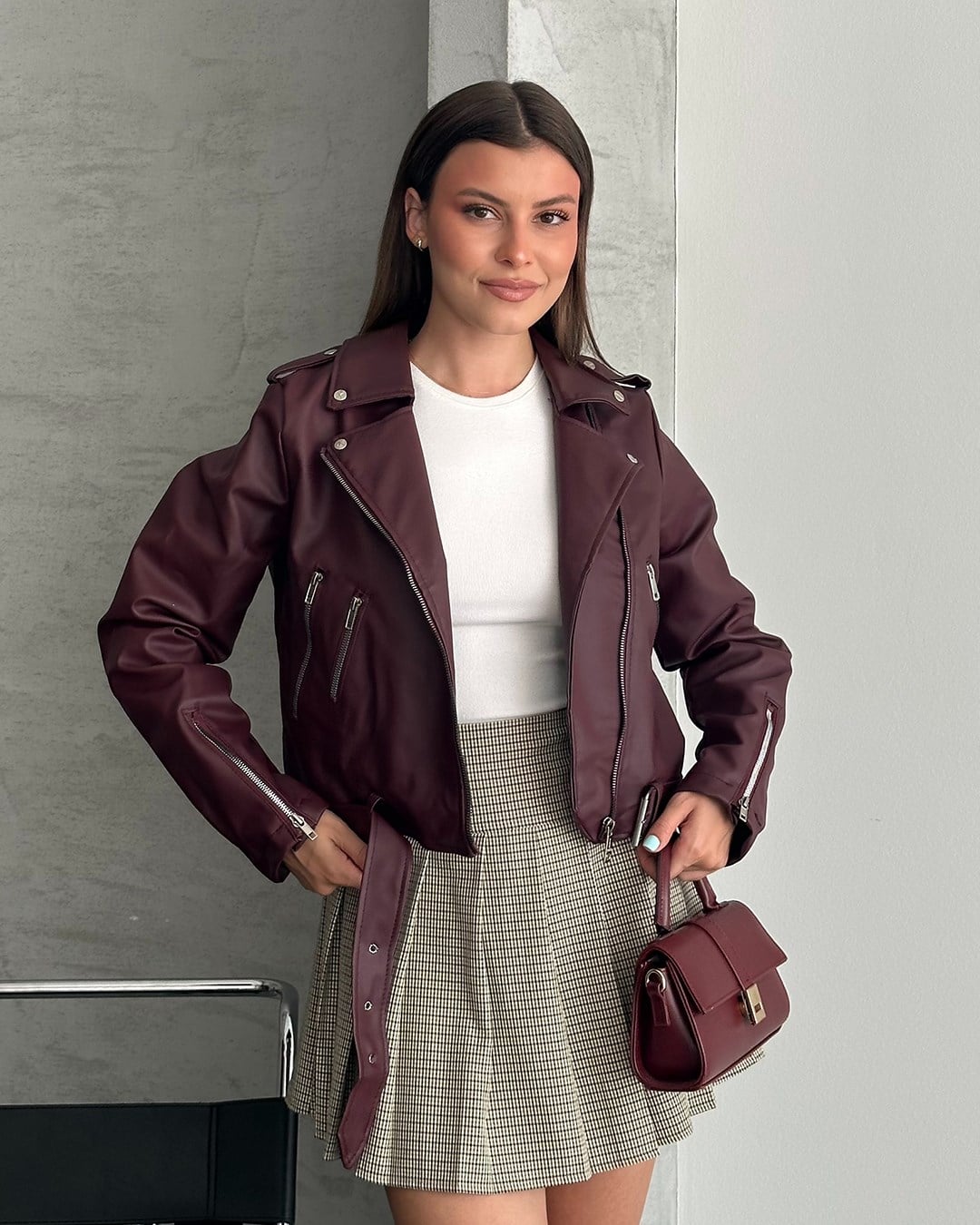 Kemerli Crop Biker Bordo Deri Ceket