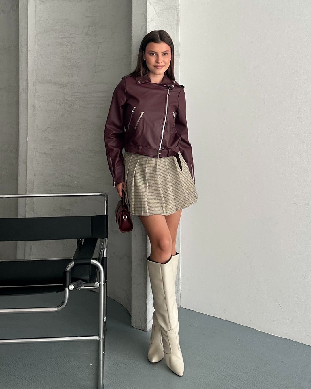 Kemerli Crop Biker Bordo Deri Ceket