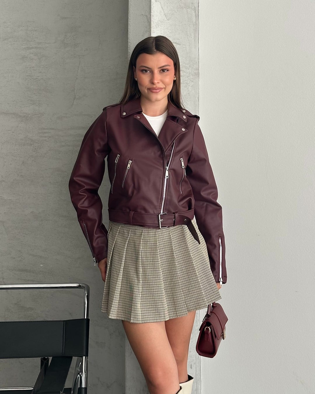 Kemerli Crop Biker Bordo Deri Ceket