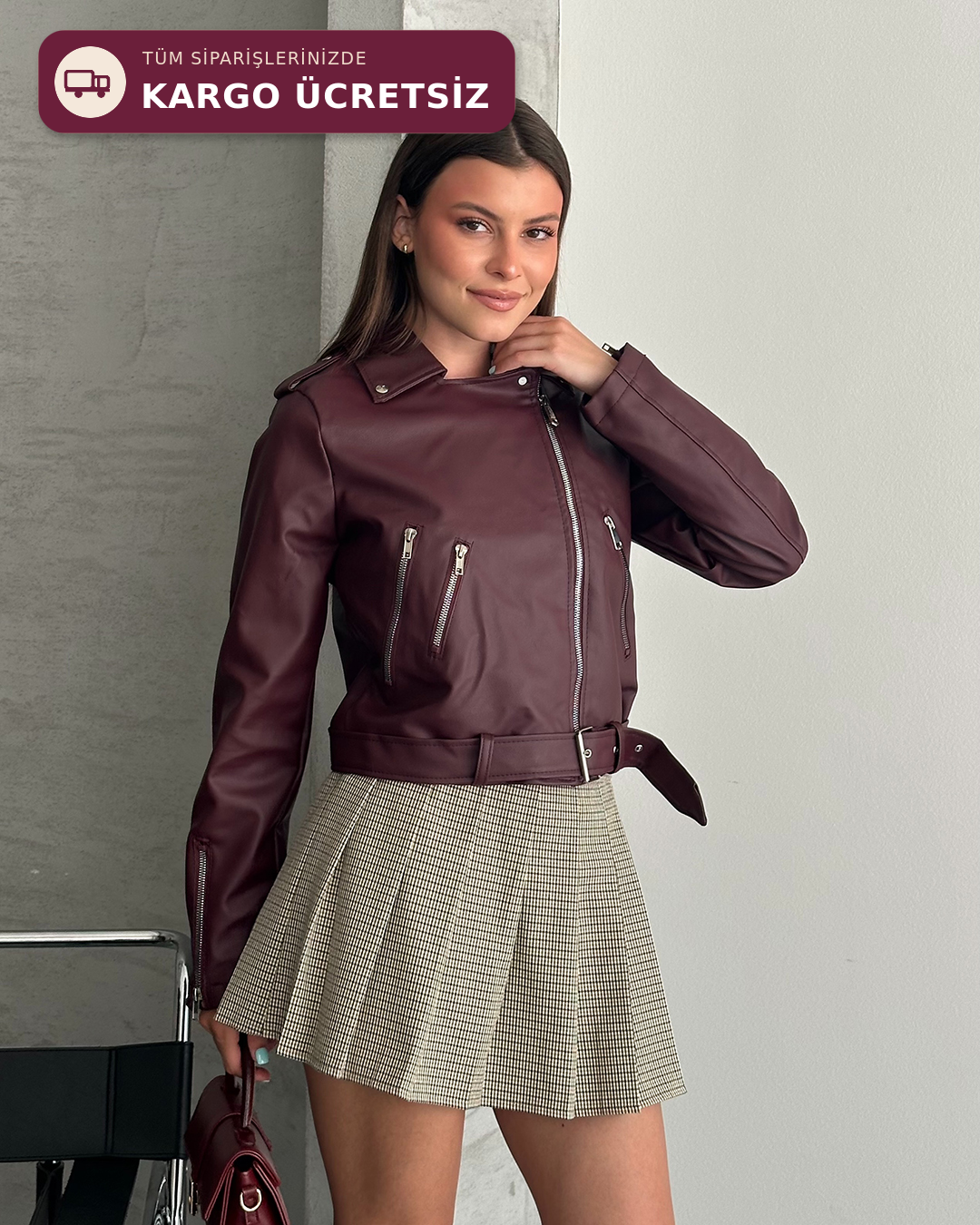 Kemerli Crop Biker Bordo Deri Ceket
