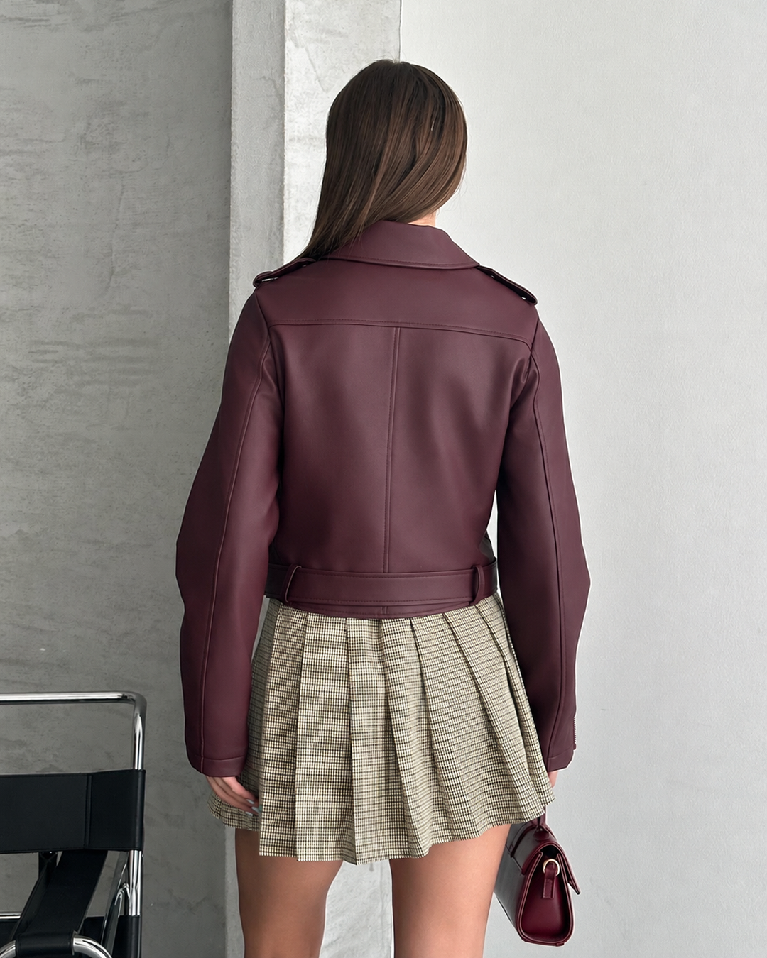 Kemerli Crop Biker Bordo Deri Ceket
