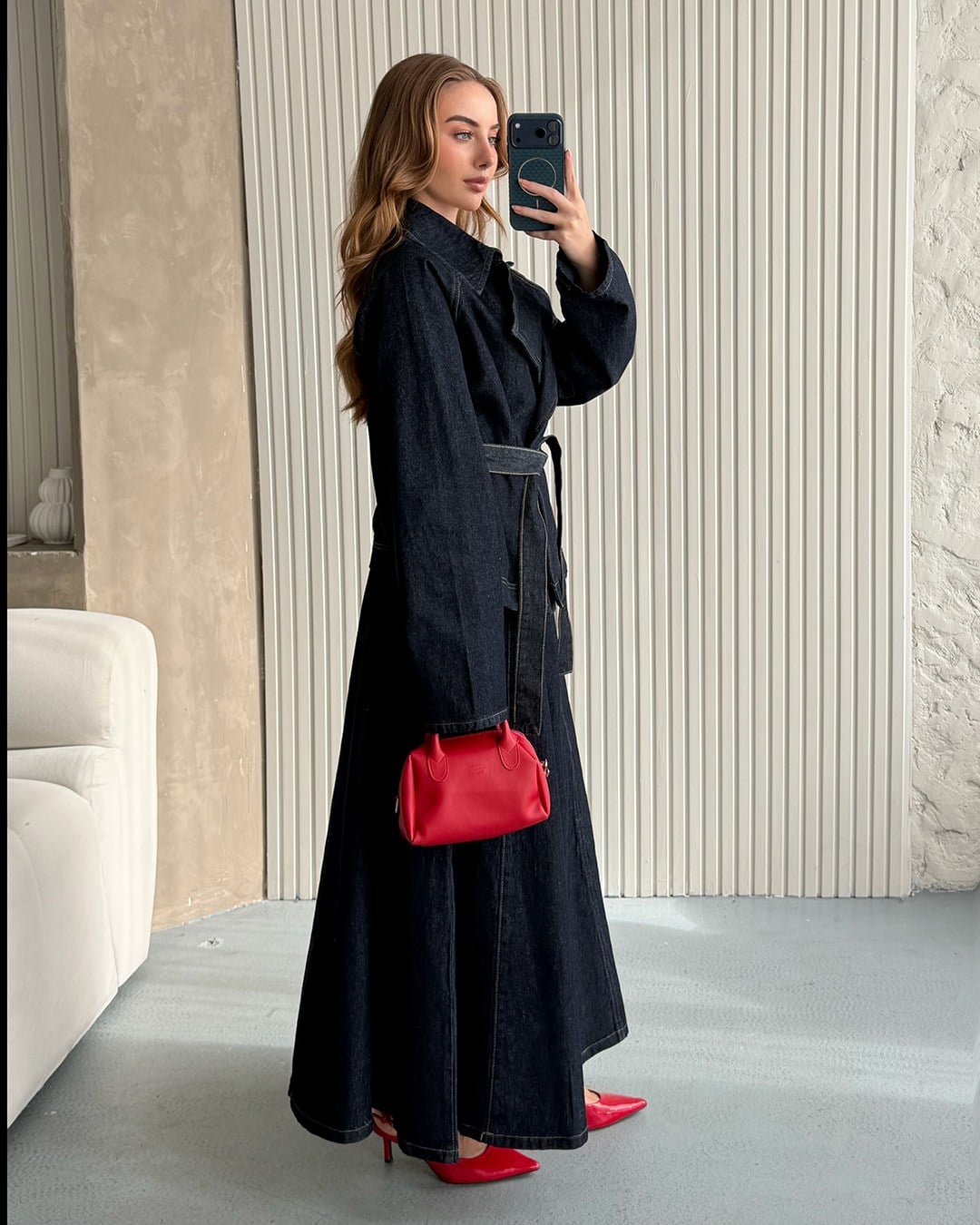 Kemerli Denim Ceket ve Uzun Etek Takımı