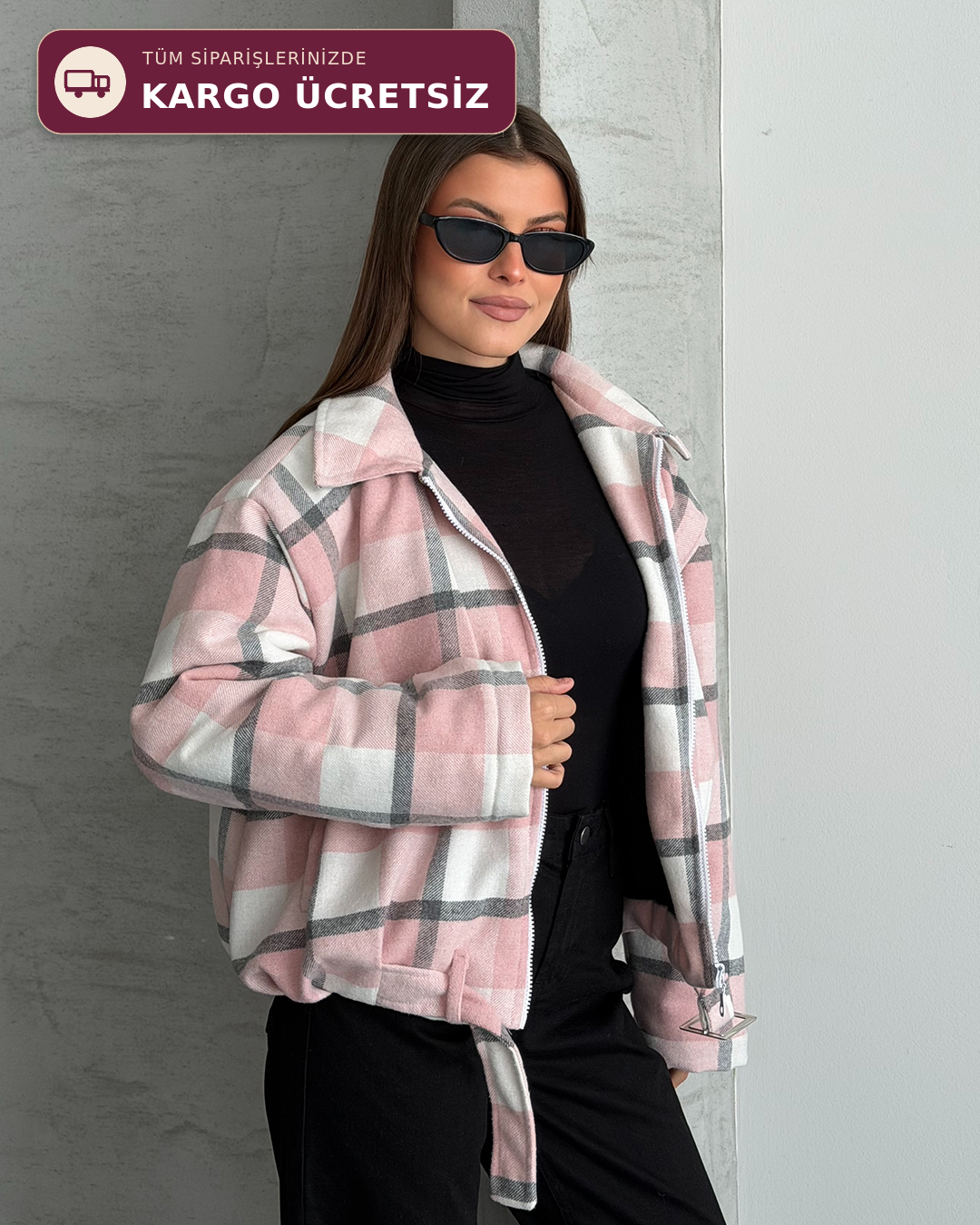 Kemerli Kare Desenli Crop Ceket