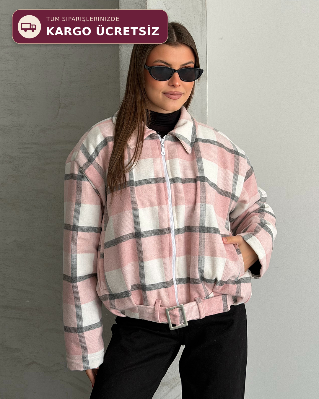 Kemerli Kare Desenli Crop Ceket