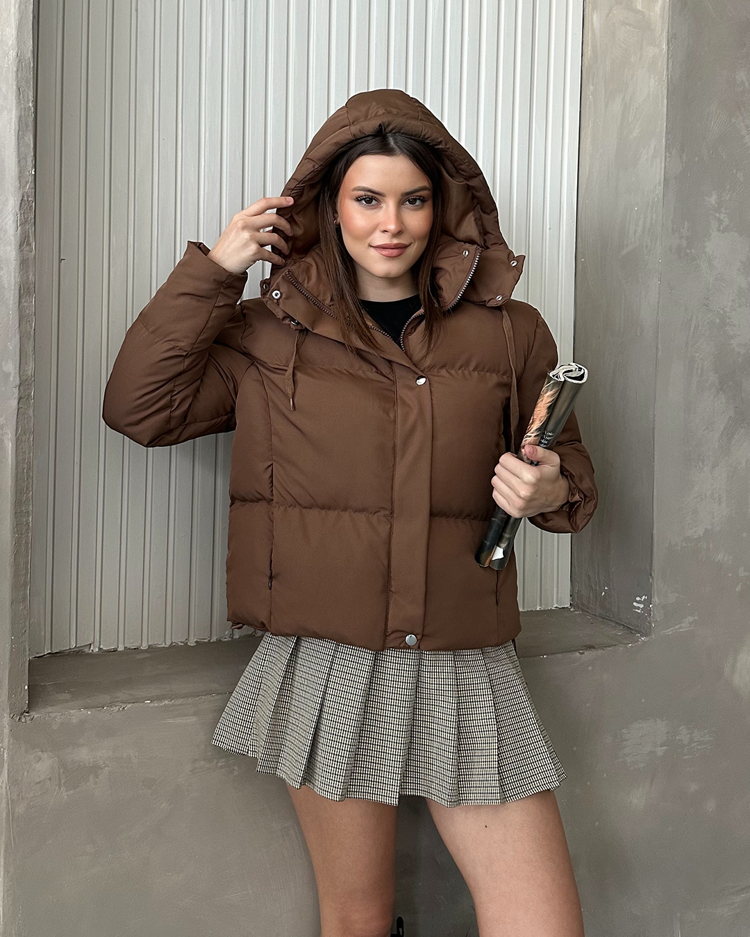 Kevin Kapüşonlu Kahverengi Şişme Mont