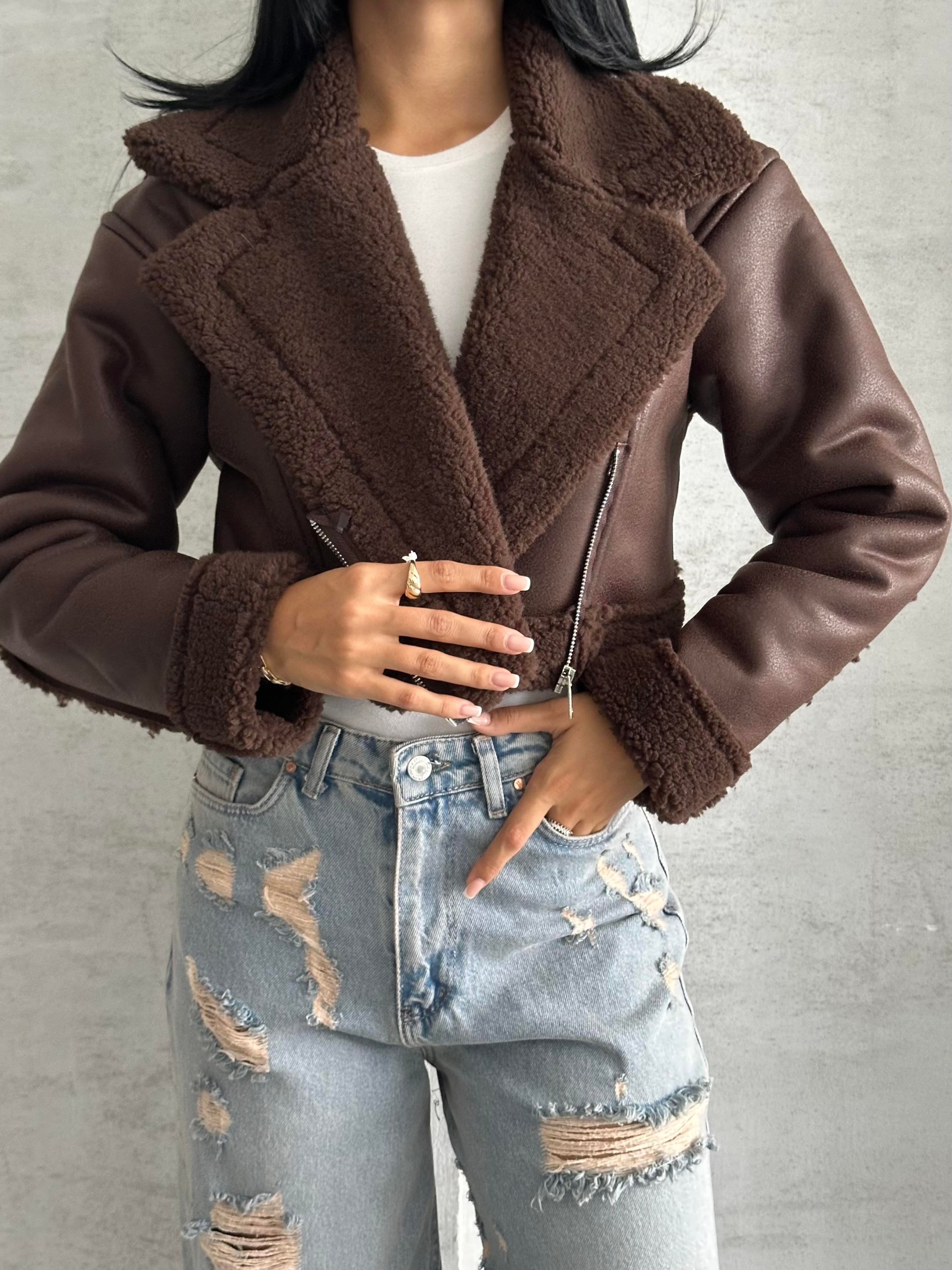 Kıvırcık Kürklü Crop Kahverengi Deri Ceket