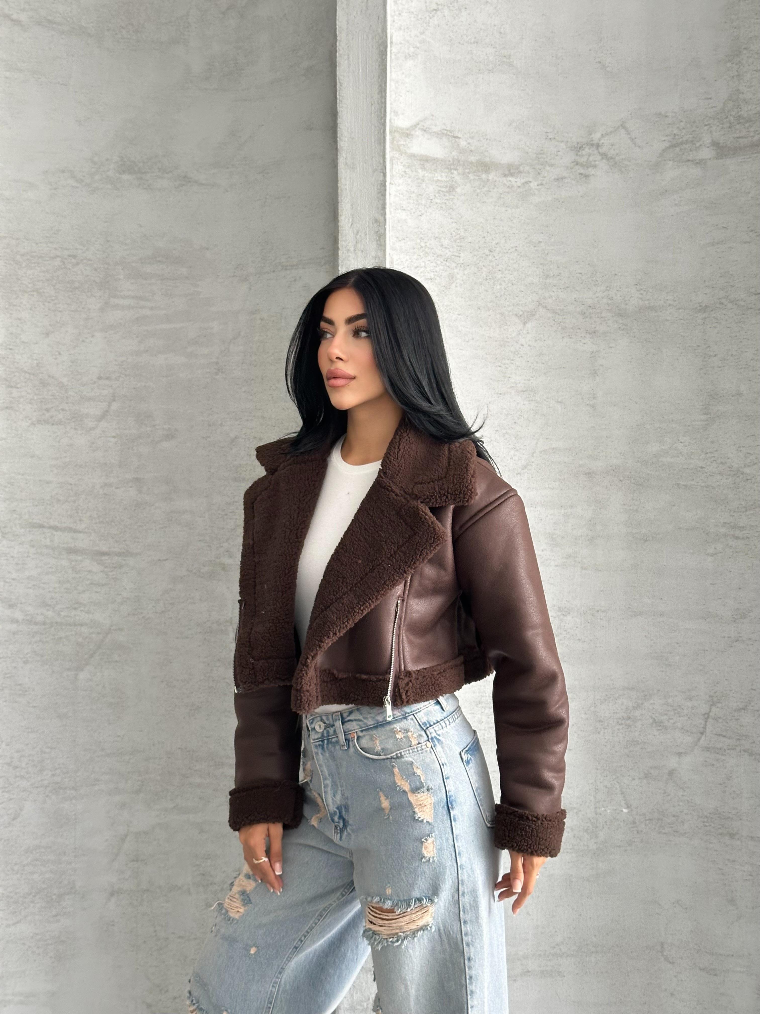 Kıvırcık Kürklü Crop Kahverengi Deri Ceket